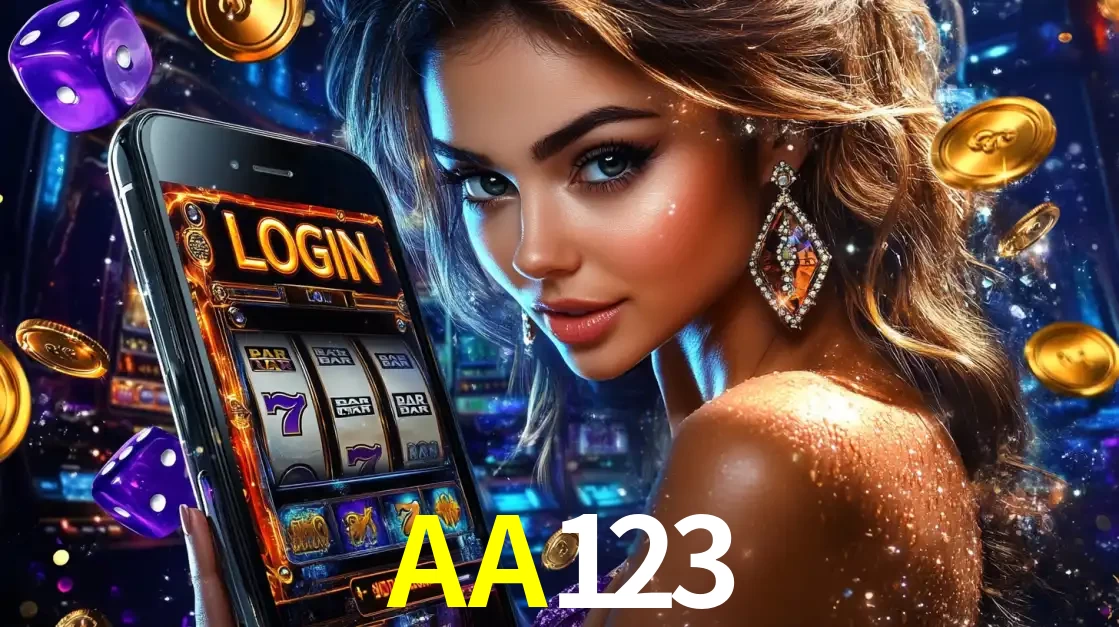 Mulher glamorosa segurando um smartphone com a tela de login para os jogos de caça-níqueis do cassino online AA123, com moedas de ouro e dados ao redor.