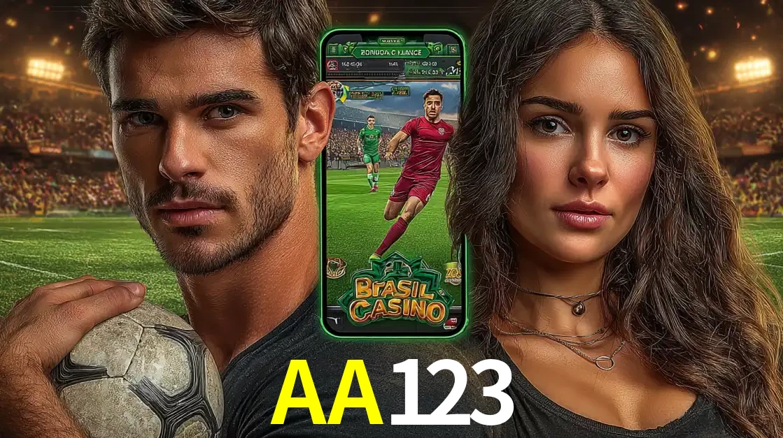 Homem segurando uma bola de futebol e uma mulher ao lado de um smartphone exibindo o jogo de apostas esportivas da AA123. Faça seu palpite no cassino online.